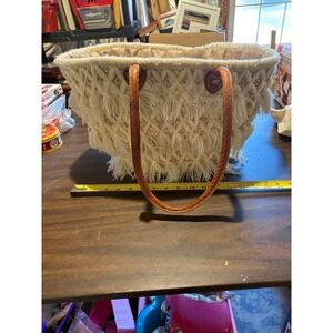 Boho Straw Fringe Tote Bag Cream Woven Beach Market Purse with Drawstring Liner